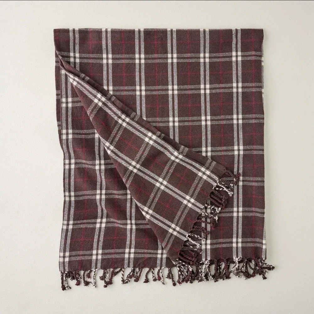 Magnolia‎ Harmony Throw Chestnut Brown Plaid 50x60 Cotton Fringed Christmas 2024